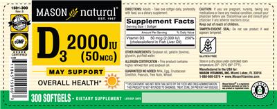 Photo of the Mason Natural D3 2000 IU (50 mcg) label