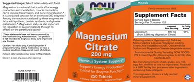 Photo of the NOW Magnesium Citrate 200 mg label