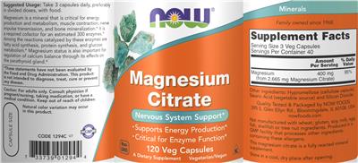 Photo of the NOW Magnesium Citrate label