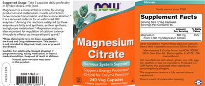 Photo of the NOW Magnesium Citrate label
