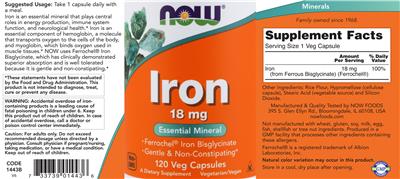 Photo of the NOW Iron 18 mg label
