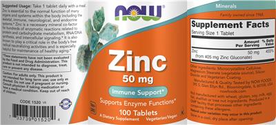 Photo of the NOW Zinc 50 mg label