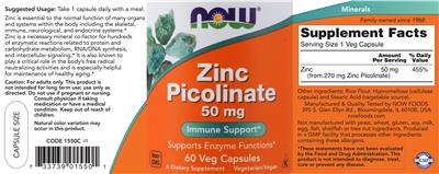 Photo of the NOW Zinc Picolinate 50 mg label