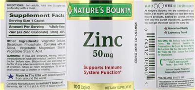Photo of the Nature's Bounty Zinc 50 mg label