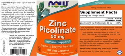 Photo of the NOW Zinc Picolinate 50 mg label