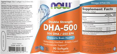 Photo of the NOW Double Strength DHA-500 label