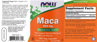 Photo of the NOW Maca 500 mg label