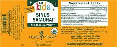Photo of the Herb Pharm Kids Sinus Samurai Alcohol Free label