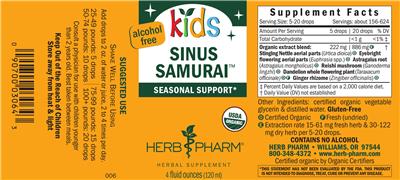Photo of the Herb Pharm Kids Sinus Samurai Alcohol Free label