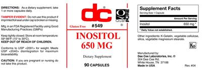 Photo of the DC Inositol 650 mg label