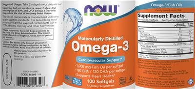 Photo of the NOW Molecularly Distilled Omega-3 label