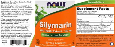 Photo of the NOW Silymarin Milk Thistle Extract 150 mg label