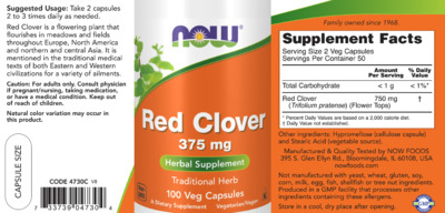 Photo of the NOW Red Clover 375 mg label