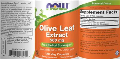 Photo of the NOW Olive Leaf Extract 500 mg label