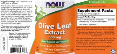 Photo of the NOW Olive Leaf Extract 500 mg label