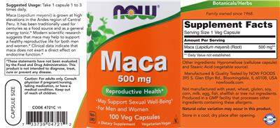 Photo of the NOW Maca 500 mg label