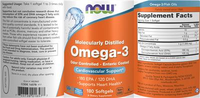 Photo of the NOW Molecularly Distilled Omega-3 label