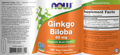 Photo of the NOW Ginkgo Biloba 60 mg label