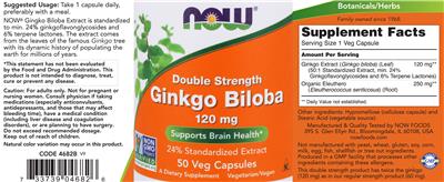 Photo of the NOW Double Strength Ginkgo Biloba 120 mg label