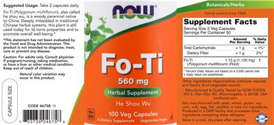 Photo of the NOW Fo-Ti 560 mg label