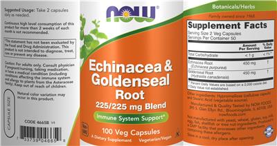 Photo of the NOW Echinacea & Goldenseal Root 225/225 mg Blend label