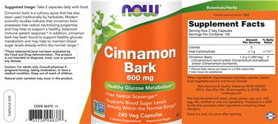 Photo of the NOW Cinnamon Bark 600 mg label