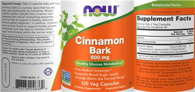 Photo of the NOW Cinnamon Bark 600 mg label