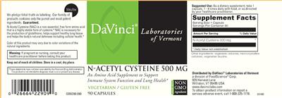 Photo of the DaVinci Laboratories of Vermont N-Acetyl Cysteine 500 mg label