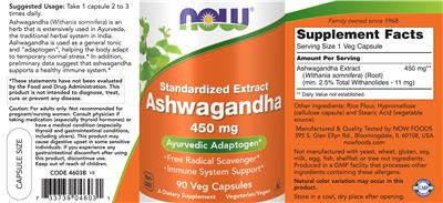 Photo of the NOW Standardized Extract Ashwagandha 450 mg label