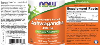 Photo of the NOW Standardized Extract Ashwagandha 450 mg label
