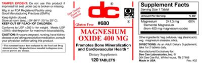 Photo of the DC Magnesium Oxide 400 mg label