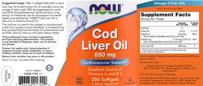 Photo of the NOW Cod Liver Oil 650 mg label