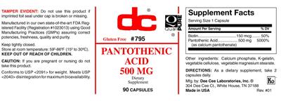 Photo of the DC Pantothenic Acid 500 mg label