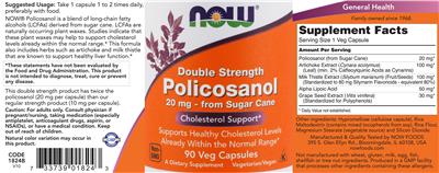 Photo of the NOW Double Strength Policosanol 20 mg label