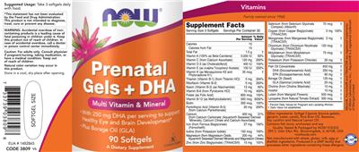 Photo of the NOW Prenatal Gels + DHA label