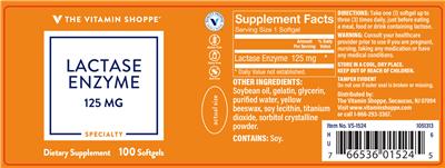 Photo of the The Vitamin Shoppe Lactase Enzyme 125 mg label