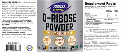 Photo of the NOW Sports D-Ribose Powder 5000 mg label