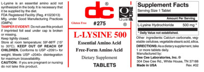 Photo of the DC L-Lysine 500 label