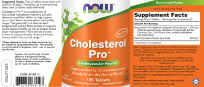 Photo of the NOW Cholesterol Pro label