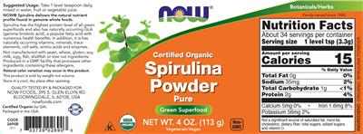 Photo of the NOW Certified Organic Spirulina Powder Pure label