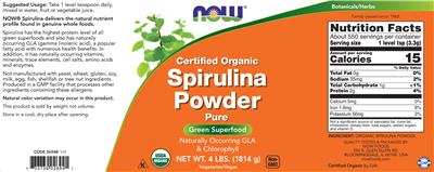 Photo of the NOW Certified Organic Spirulina Powder Pure label