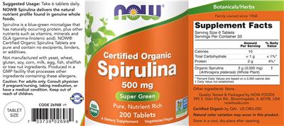 Photo of the NOW Certified Organic Spirulina 500 mg label