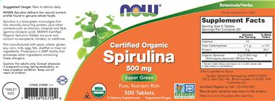 Photo of the NOW Certified Organic Spirulina 500 mg label