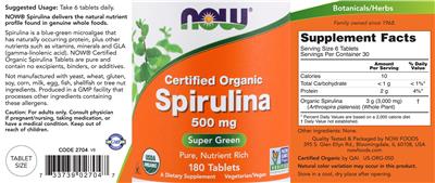 Label of Certified Organic Spirulina 500 mg