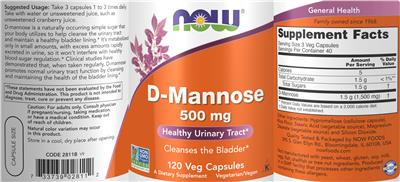 Photo of the NOW D-Mannose 500 mg label