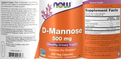Photo of the NOW D-Mannose 500 mg label