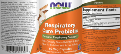 Photo of the NOW Respiratory Care Probiotic label