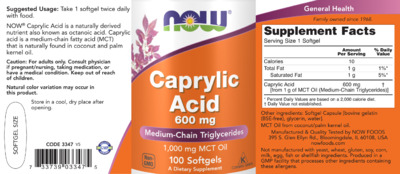 Product label for Caprylic Acid 600 mg