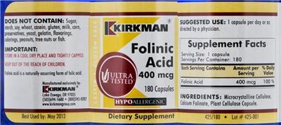 Photo of the Kirkman Folinic Acid 400 mcg label
