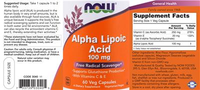 Photo of the NOW Alpha Lipoic Acid 100 mg label